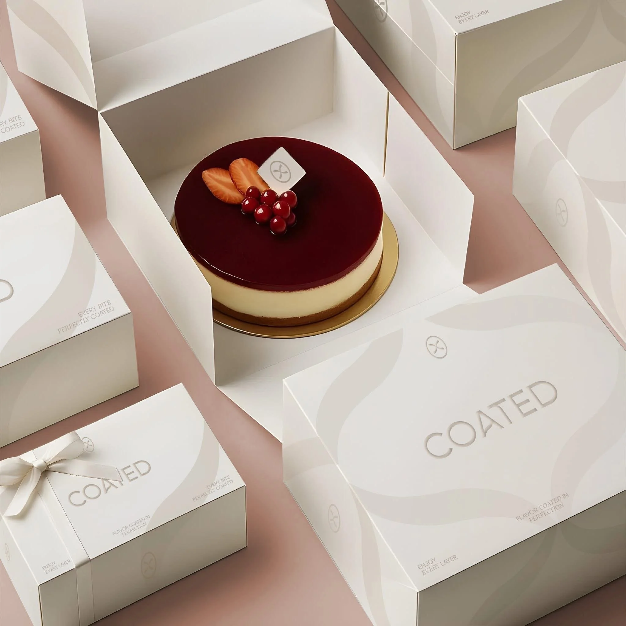 Boxed chocolate truffles with red cherries and strawberry slices, displayed on a round red plate with a white label that says "Enjoy every layer" and tags that say "Flavored coated in perfection."