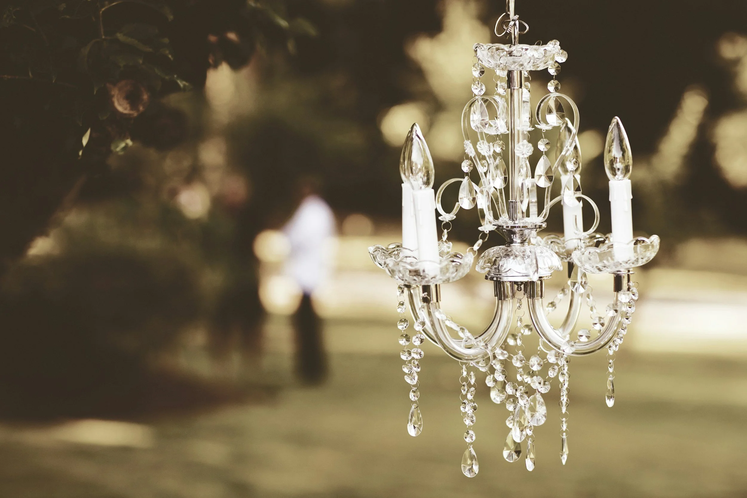 Close-up of a crystal chandelier with hanging prisms and candles, with blurred background of greenery and warm lighting.
