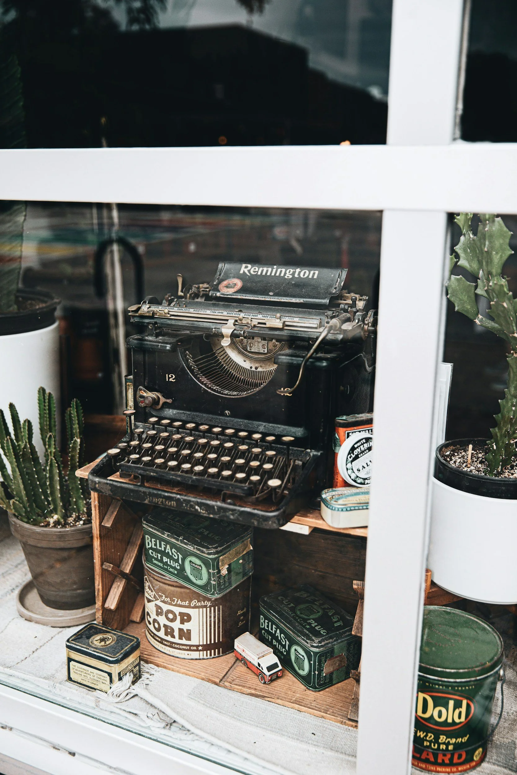 A vintage typewriter on a wooden shelf next to potted plants, vintage tins, and containers, displayed inside a glass showcase, with various decorative items.