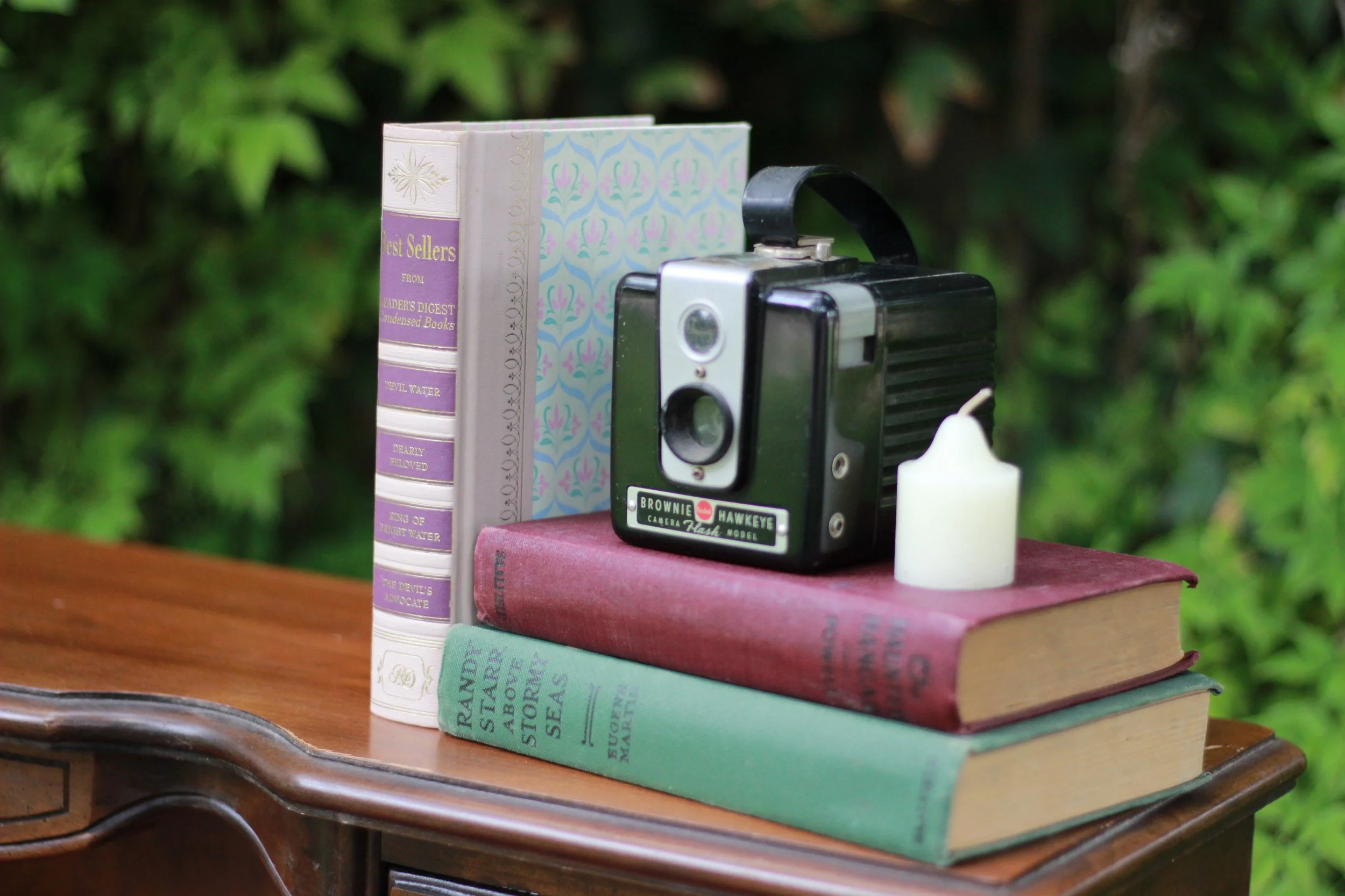A vintage camera is placed on a stack of books on a wooden table, with green foliage in the background.