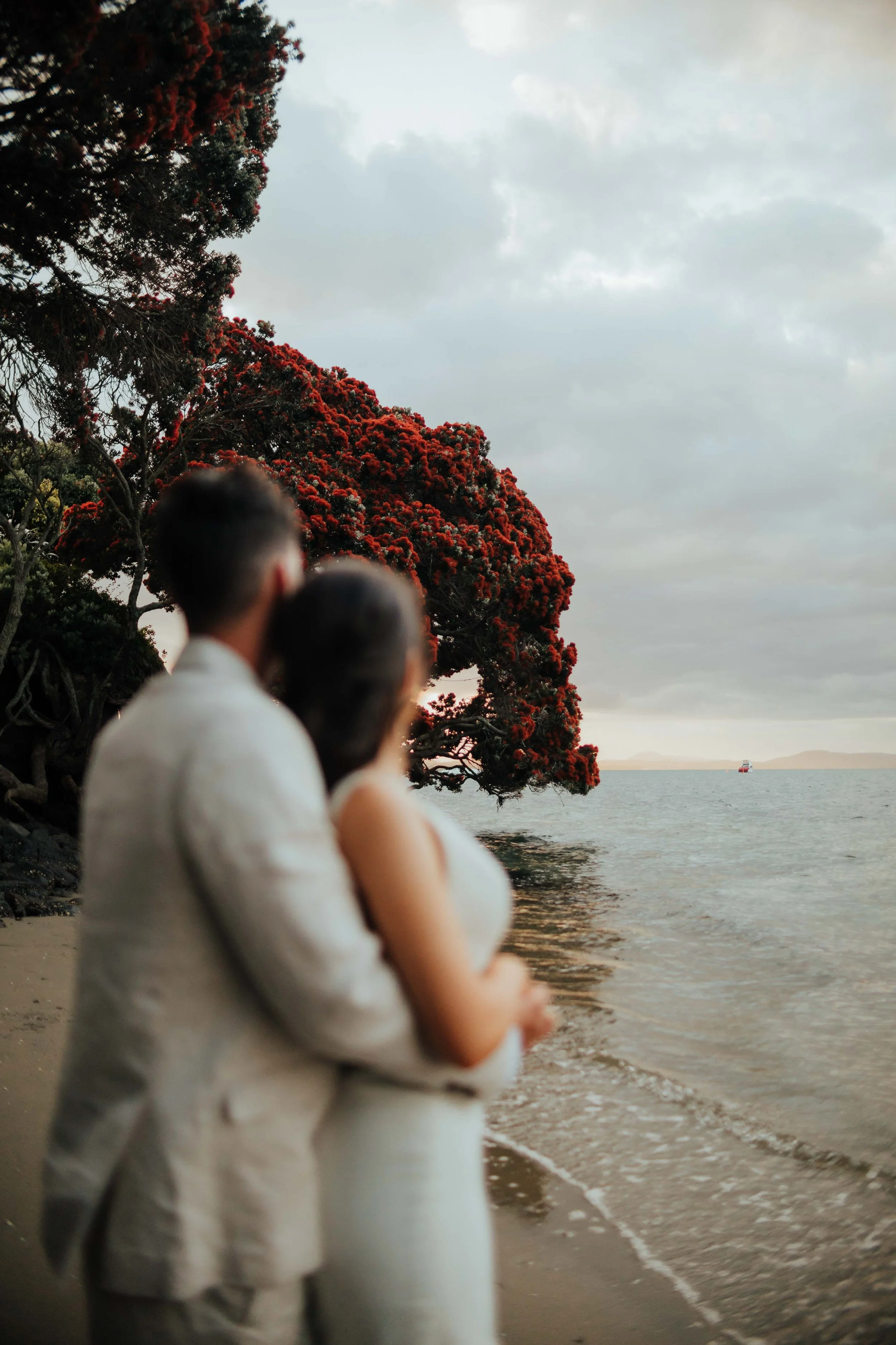 A couple in wedding attire standing on the beach, with the ocean and a ship in the distance. A large red flowering tree is nearby, and the sky is cloudy.