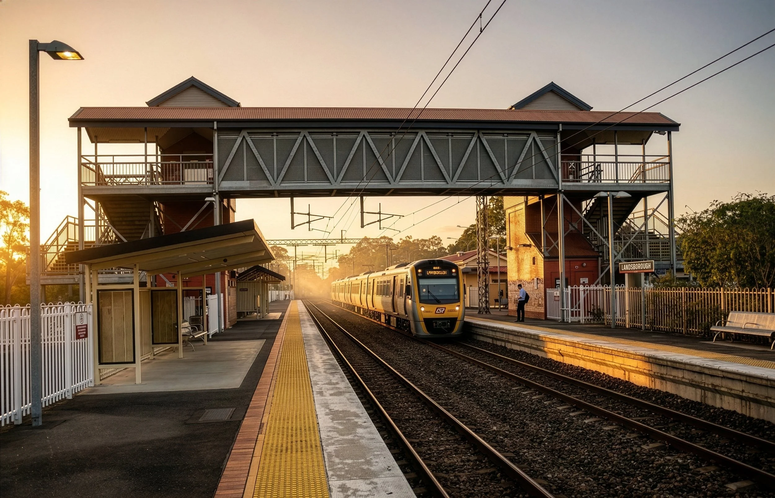 A train station during sunset with a yellow and gray train arriving on the platform. The station has a brick building with stairs and a pedestrian bridge overhead. There are benches, a lamppost, and a person on the platform.