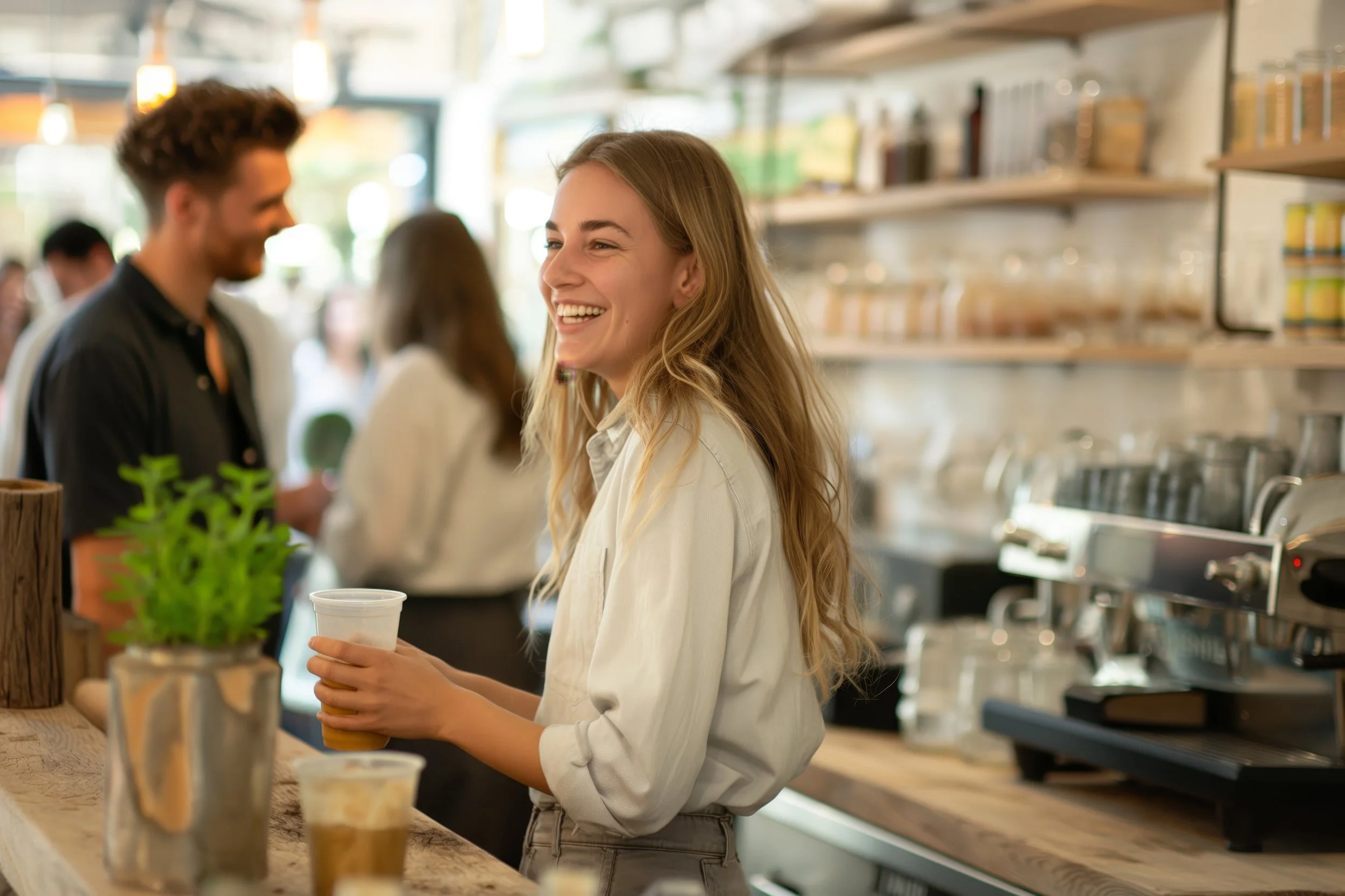 A young woman with long blonde hair smiling while holding a plastic cup, standing at a coffee bar inside a cafe, with baristas and customers in the background.