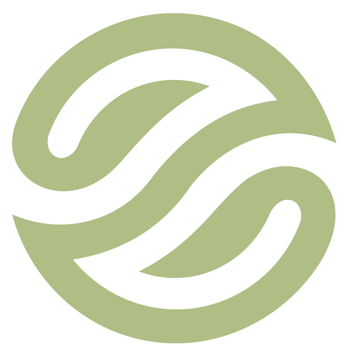 A circular logo with a black background and stylized green wave-like shapes.