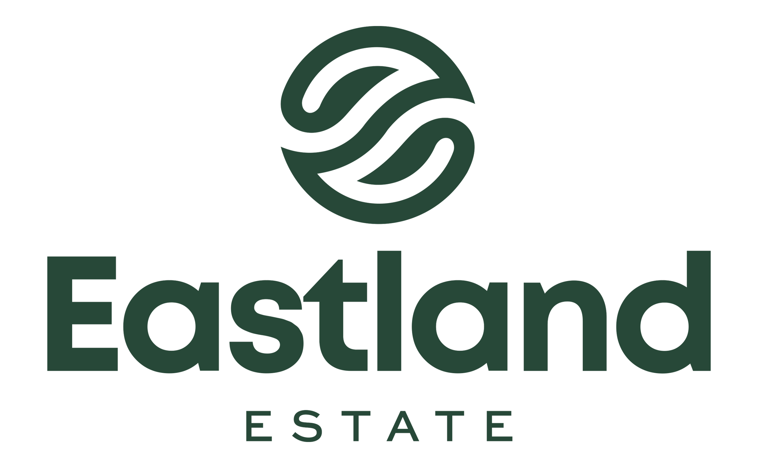 A logo with a stylized green circular symbol above the words "Eastland Estate" in bold green letters.