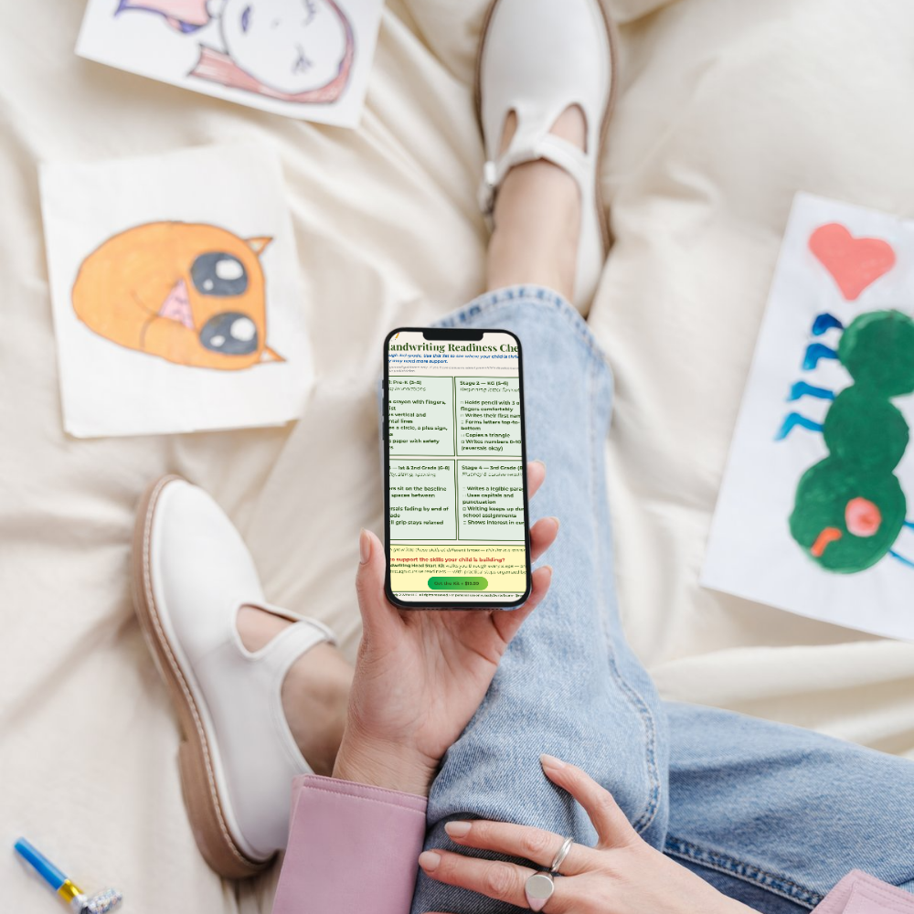 Person sitting on a bed with drawings of animals around, holding a smartphone displaying handwriting readiness checklist, wearing white shoes and light blue jeans.