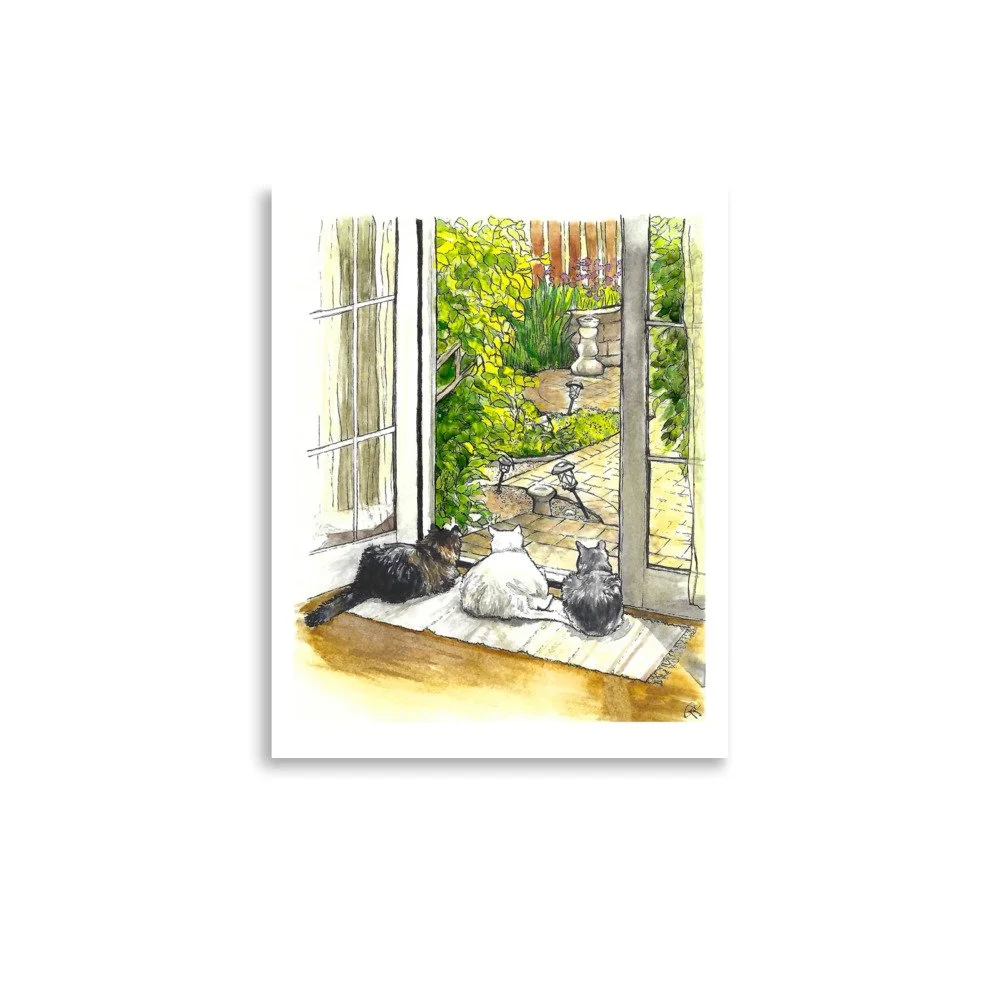 three cats sitting by door - print