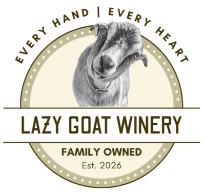 Logo of Lazy Goat Winery featuring a playful goat head illustration, with text indicating family ownership established in 2026