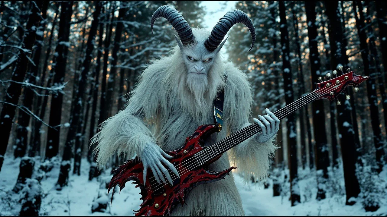 Krampus AI metal music video with dark Christmas theme, heavy riffs and winter chaos on AIMTV