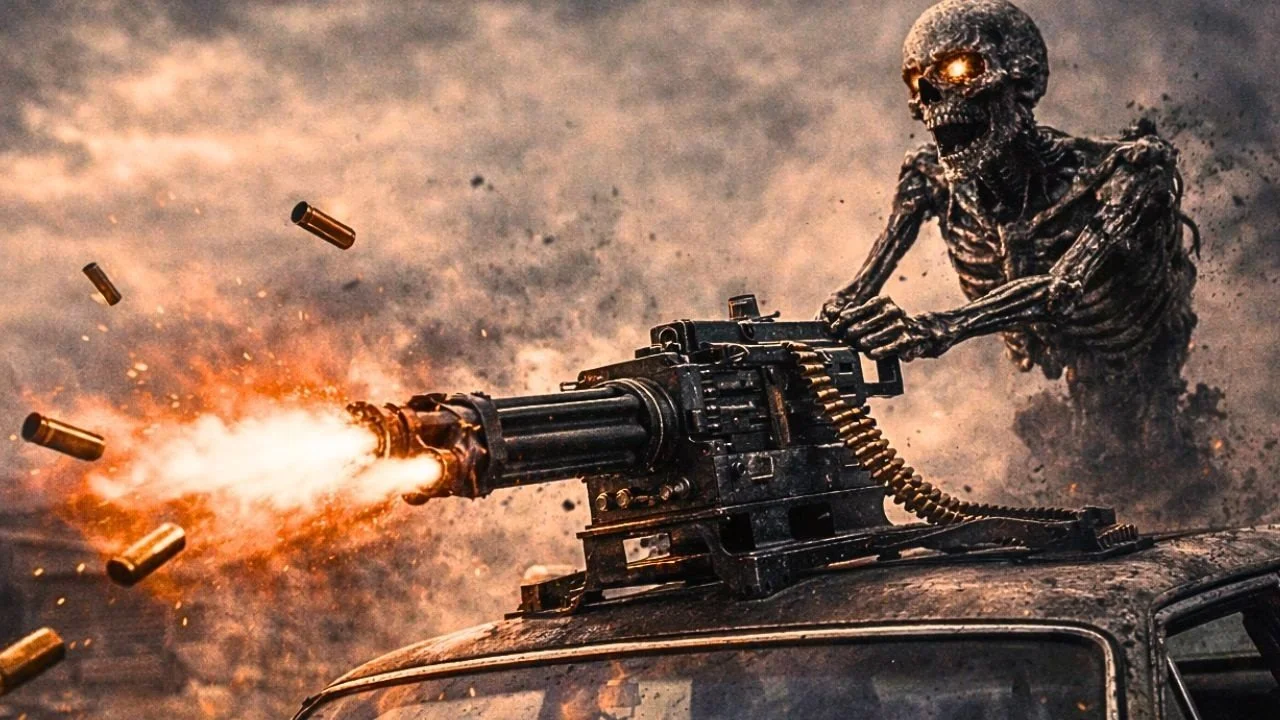 Dark western AI music video with skeleton horses and undead dogs in a post-apocalyptic junkyard on AIMTV