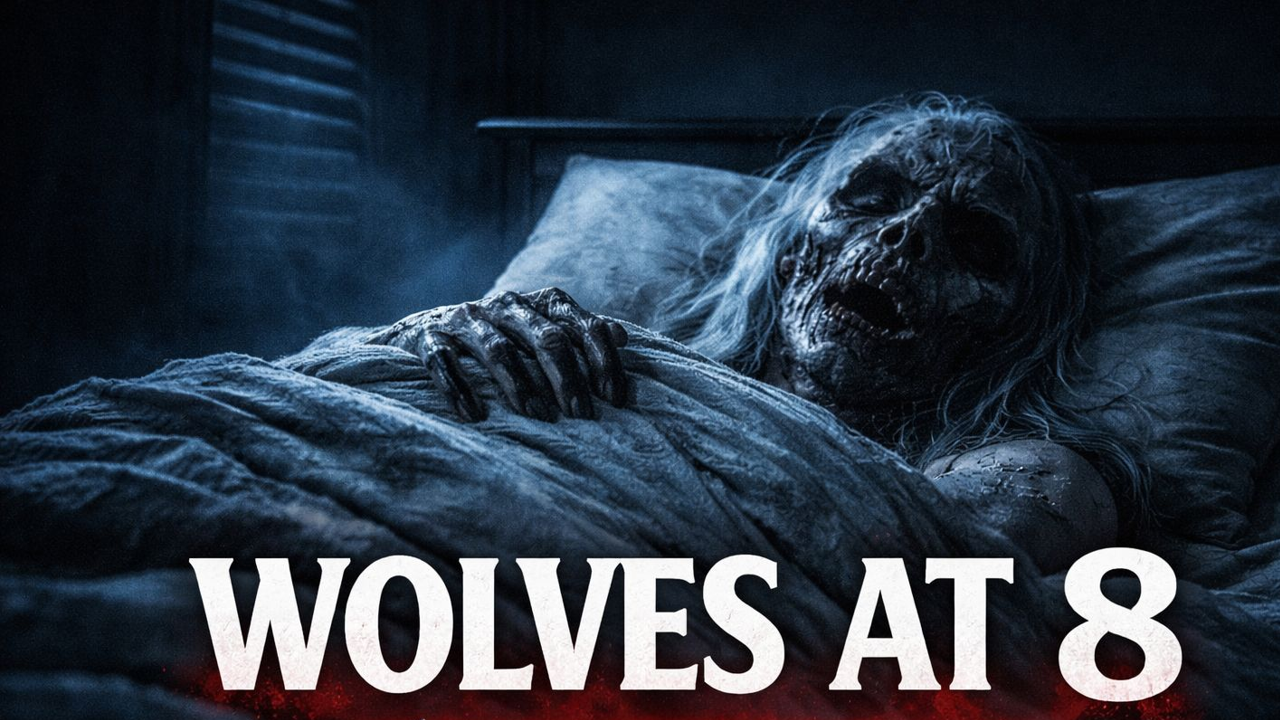 wolves at 8 childhood fear ai music video thumbnail showing dark eerie bedroom scene with shadowy wolf presence and cinematic horror atmosphere in 4k