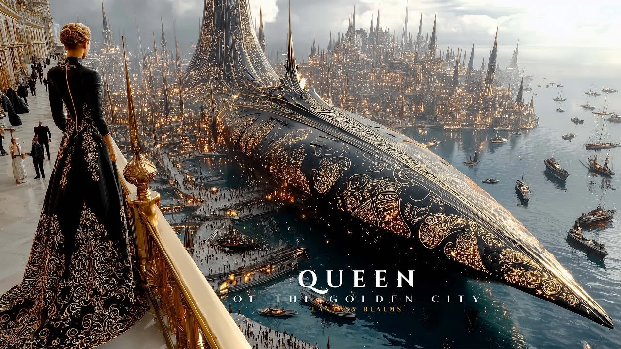 Futuristic AI music video with royal queen overlooking a glowing sci-fi city on AIMTV