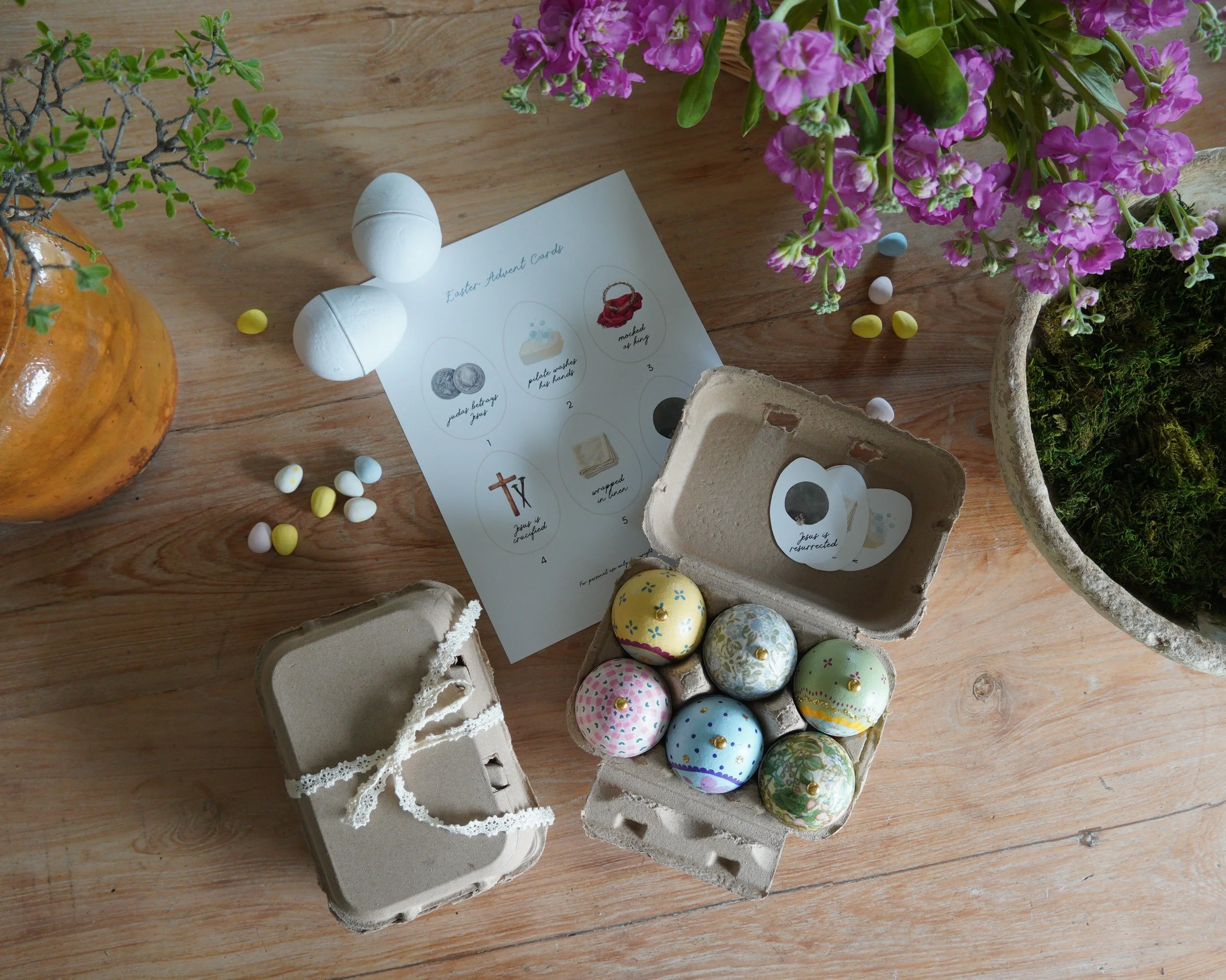 Easter keepsake craft materials arranged on a table for a seasonal family tradition craft