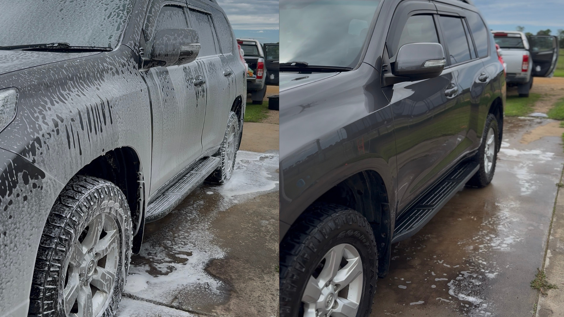 Side-by-side comparison of two black pickup trucks after washing, with soap and water on the left and clean and shiny on the right.