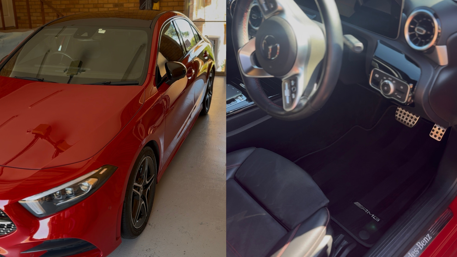 Side view of a red sports car parked in a garage and the interior of a high-performance vehicle with a black leather seat, steering wheel, and AMG branding on the floor mat.