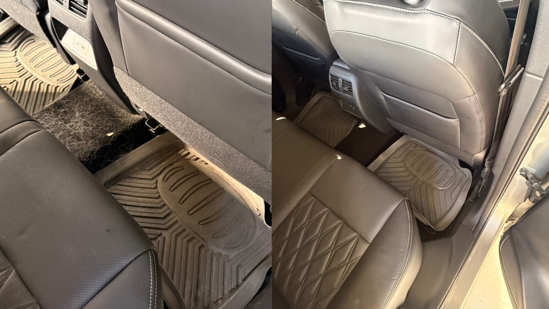 Comparison of car back seat area, showing the difference in cleanliness and condition of the back seat and floor mats, before and after cleaning.