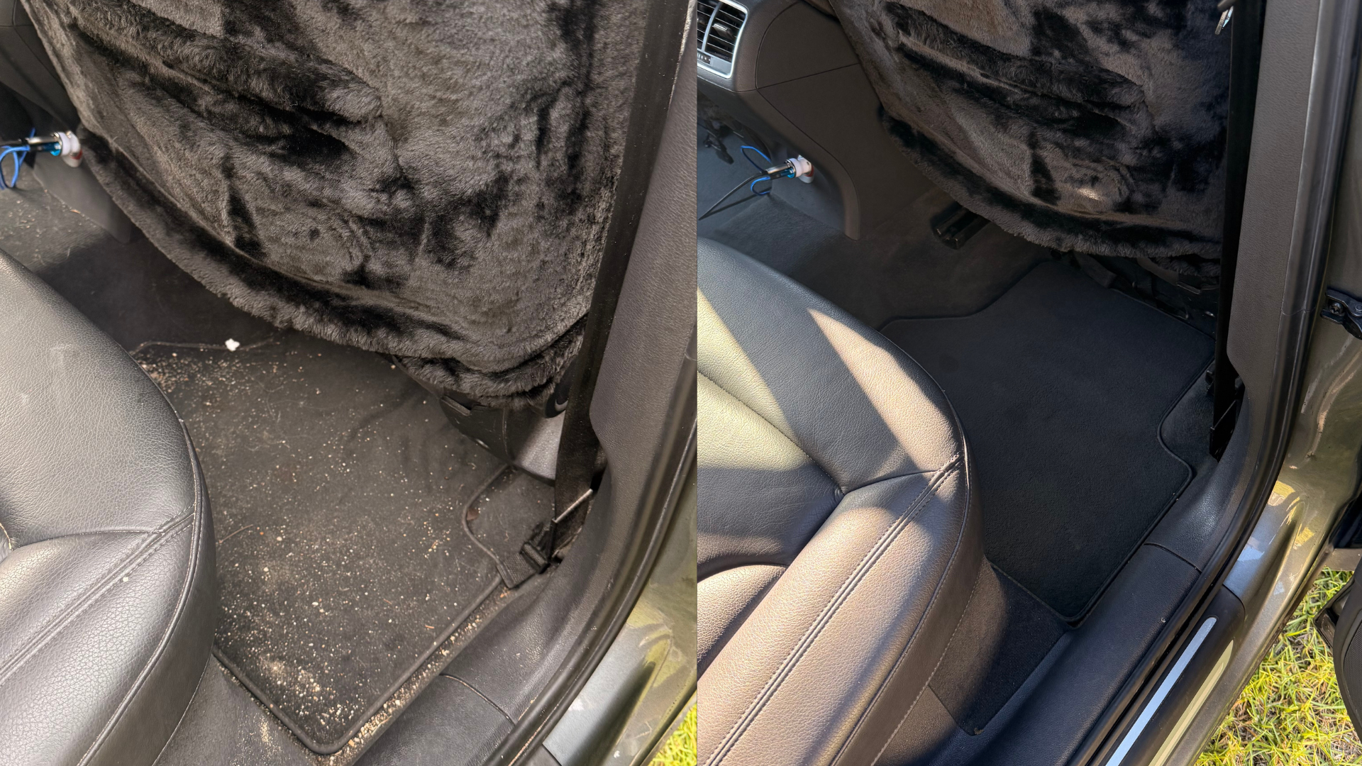 Comparison of the back seat area of a car, showing the before and after cleaning. The left side depicts a dirty and dusty floor with a fluffy back of a seat, while the right side shows a clean and vacuumed area with a tidy carpet and seat.