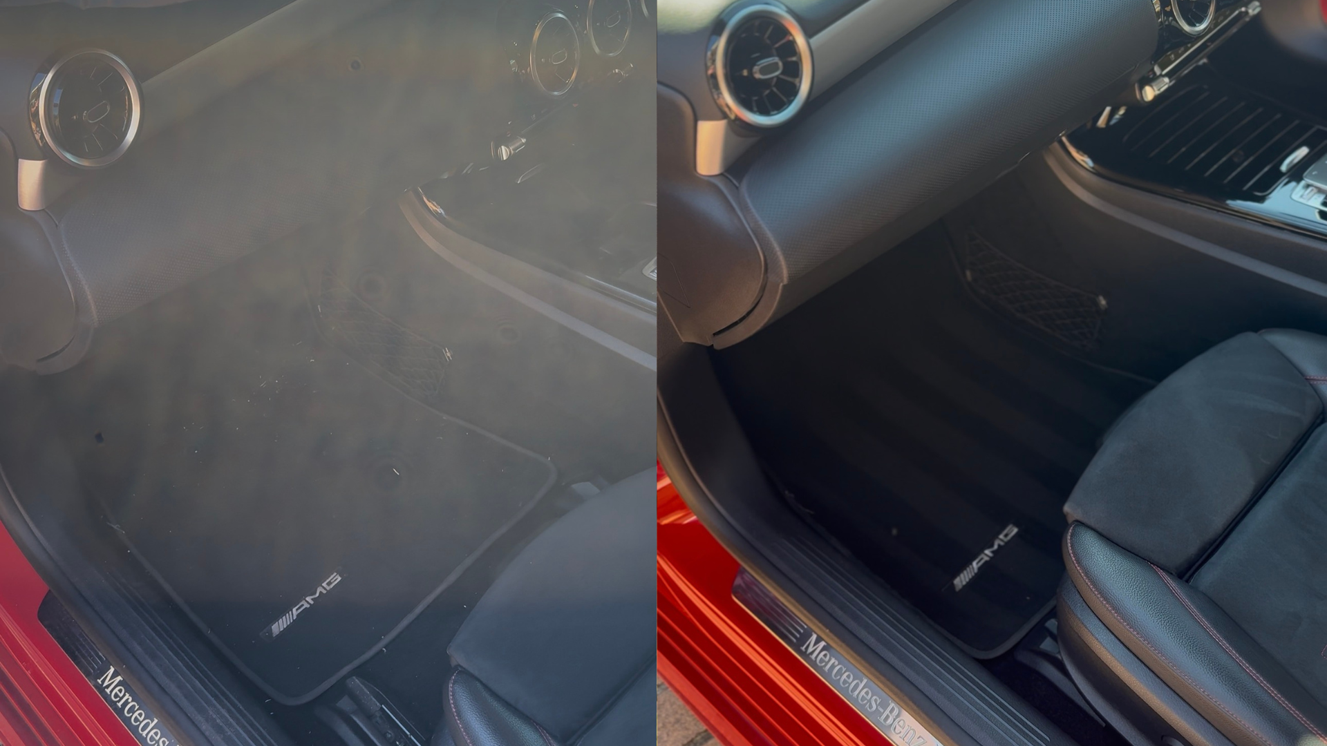 Comparison of a car's interior with a dirty, foggy windshield on the left side and a clean, clear windshield on the right side, showing the dashboard, air vents, and seat.