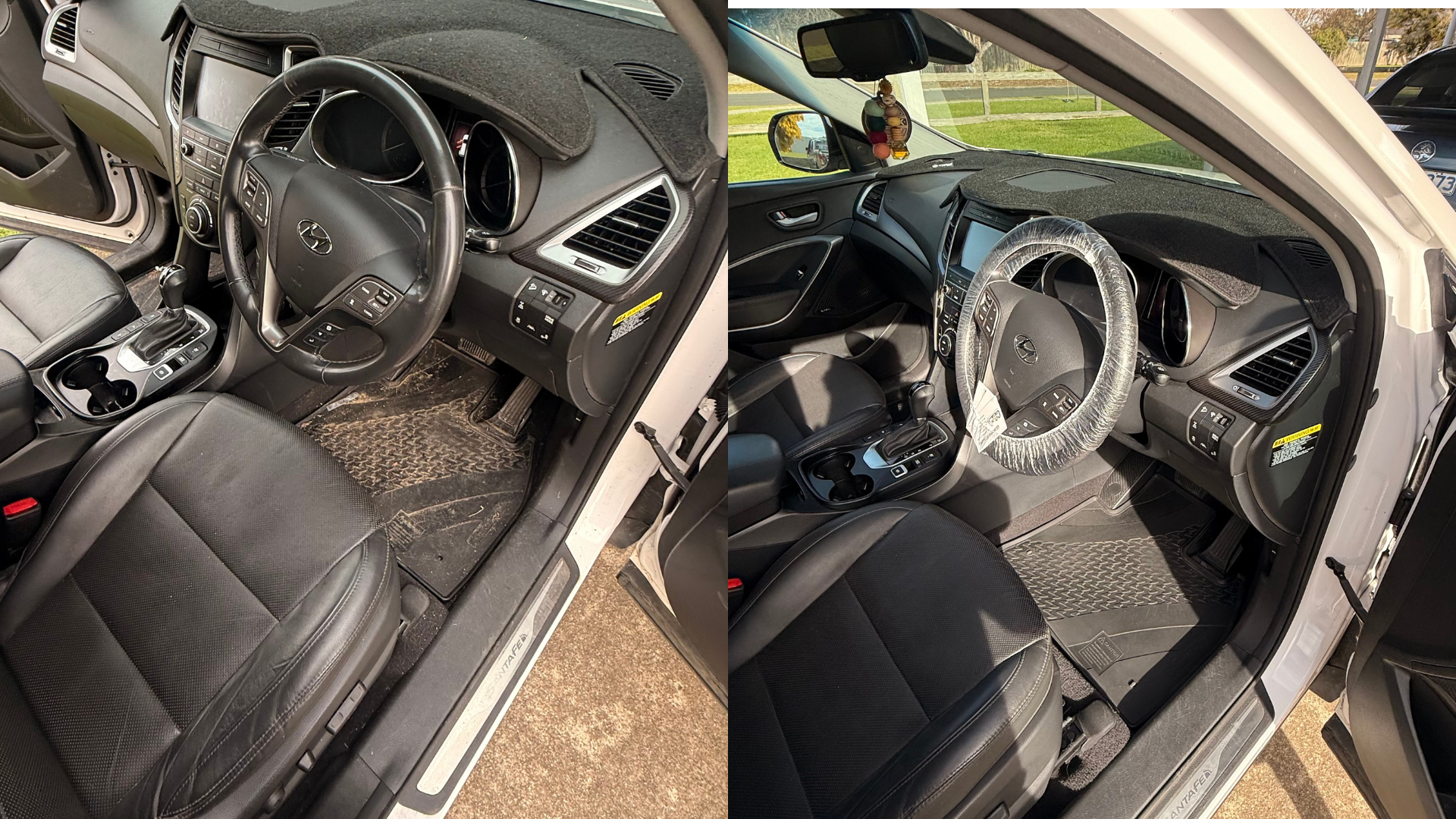 Side-by-side images of a car interior, showing the driver's seat and dashboard. The left image has an older steering wheel and dashboard, with a dirty floor mat, while the right image has a newer steering wheel with a plastic cover and a cleaner interior.
