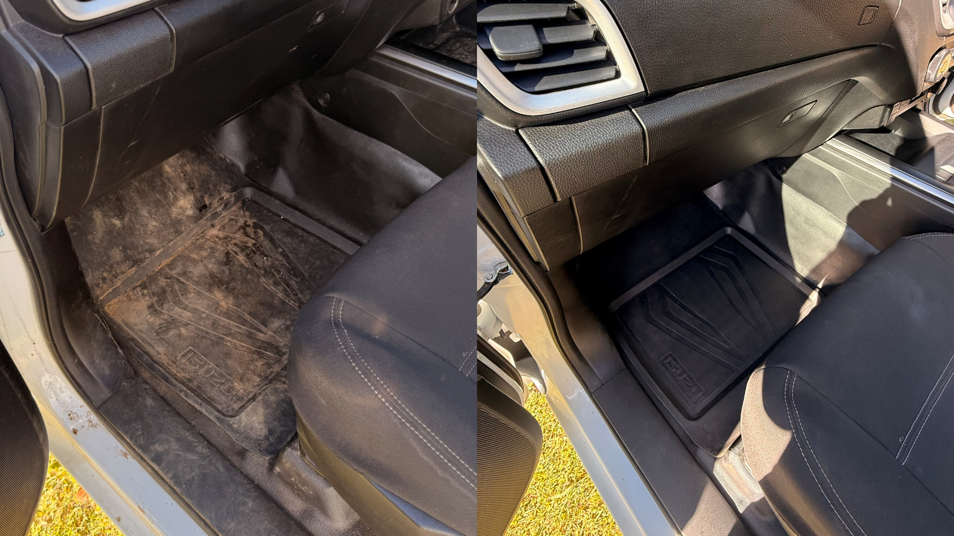 Comparison of the front passenger floor area of a vehicle, showing before and after cleaning. The left side is dirty with a worn mat, and the right side is clean with a new-looking mat.