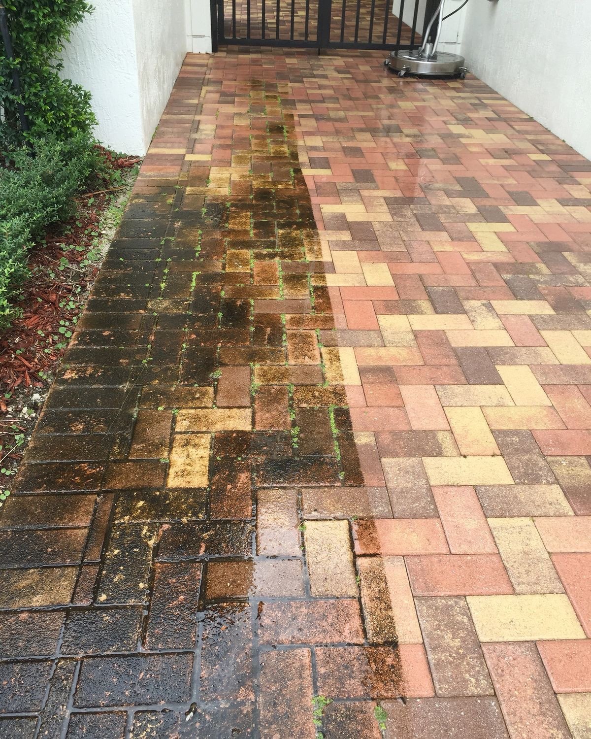 Comparison of a clean, colorful brick patio on the right and a dirty, mossy brick section on the left.