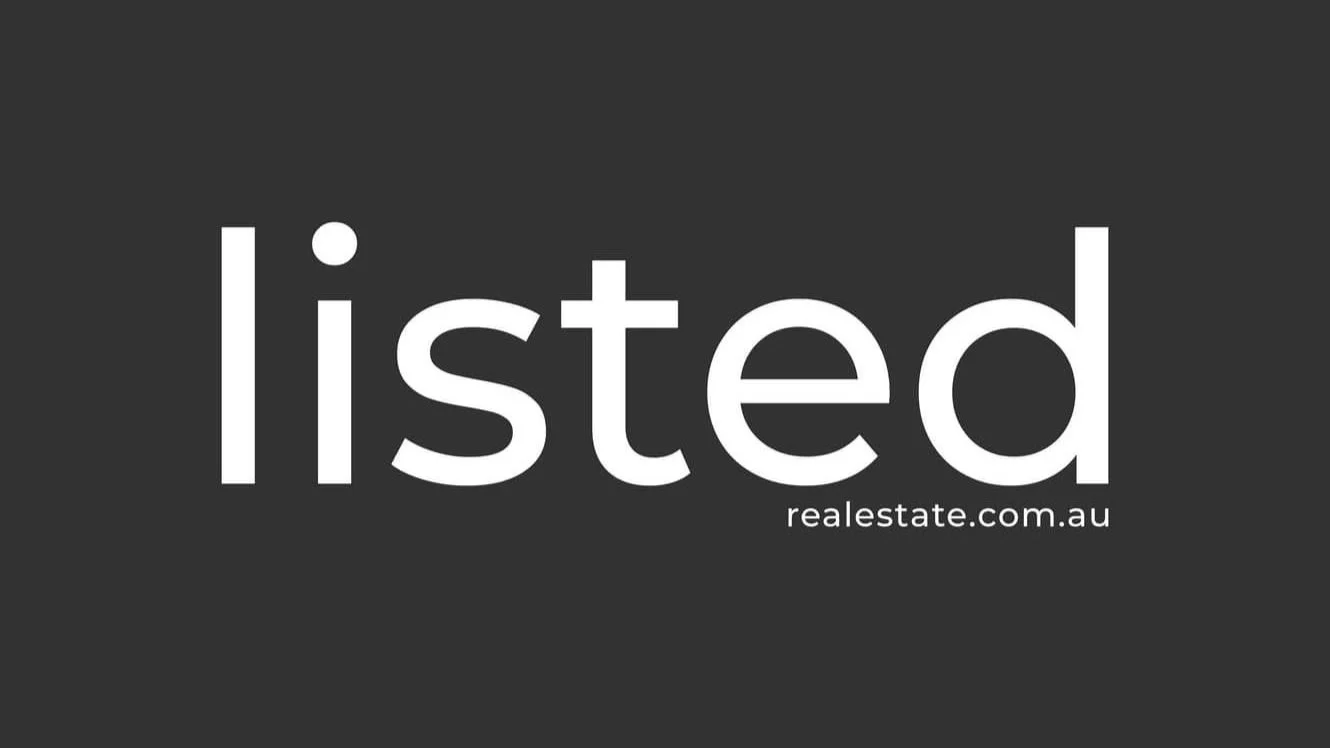 Gray background with the word "listed" in large white letters and the URL realestate.com.au in smaller white text underneath.