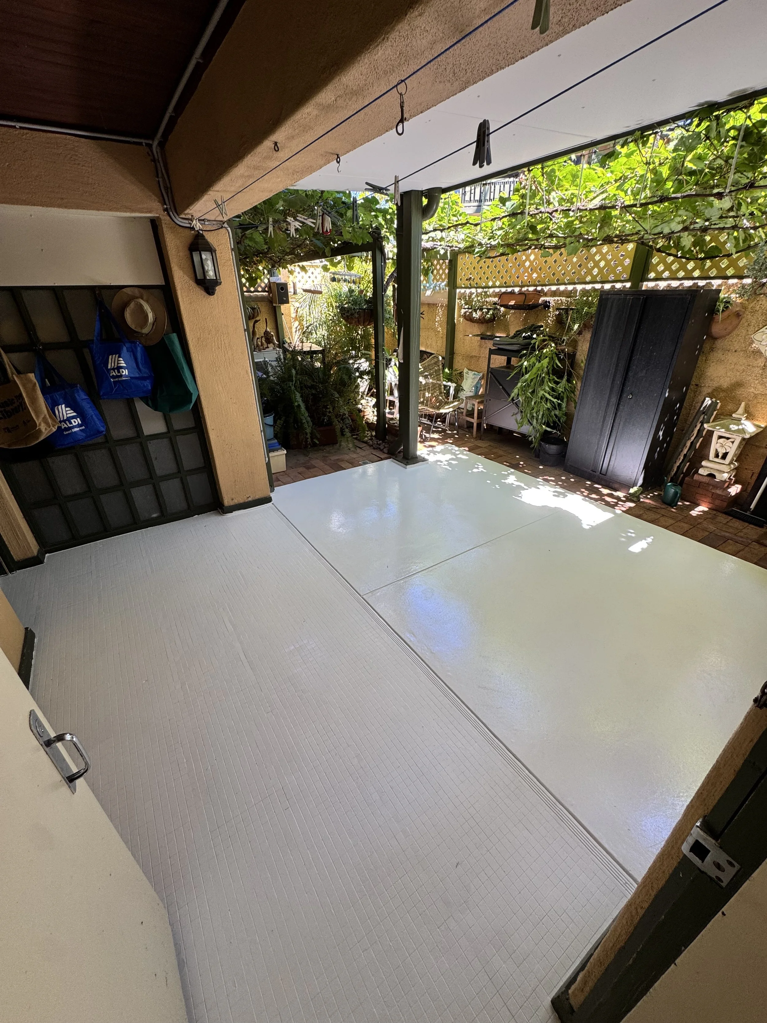 Partially covered outdoor patio with green plants, a black storage cabinet, and hanging clotheslines with clothespins.