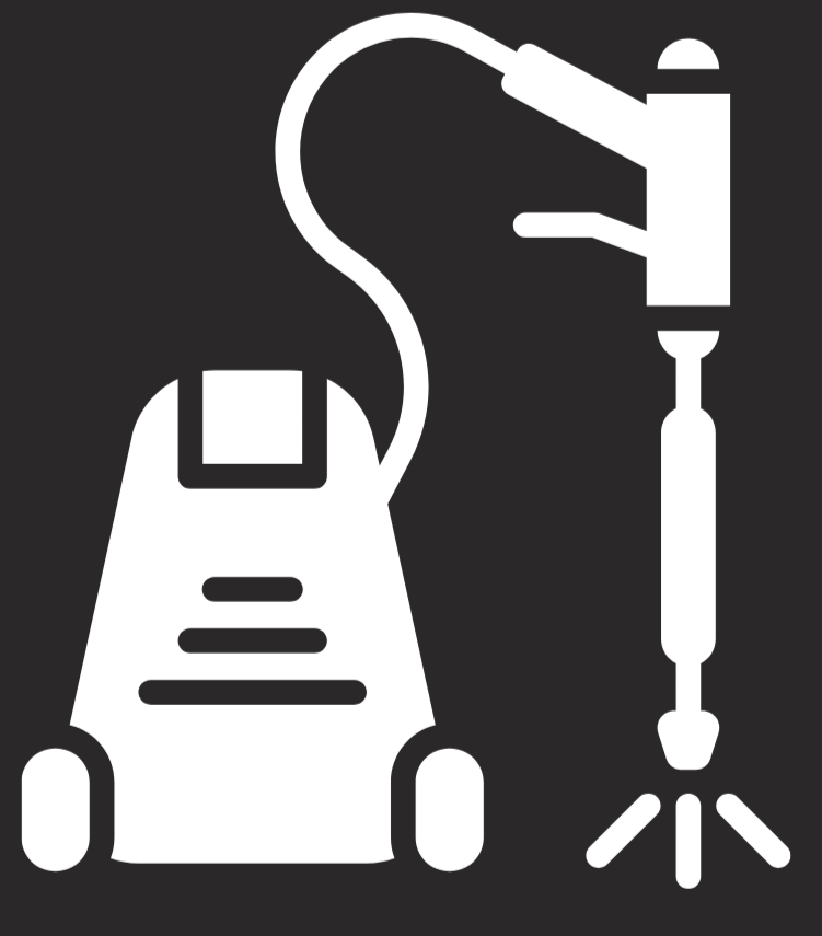 Silhouette of a floor cleaning machine and a handheld vacuum on a dark background.