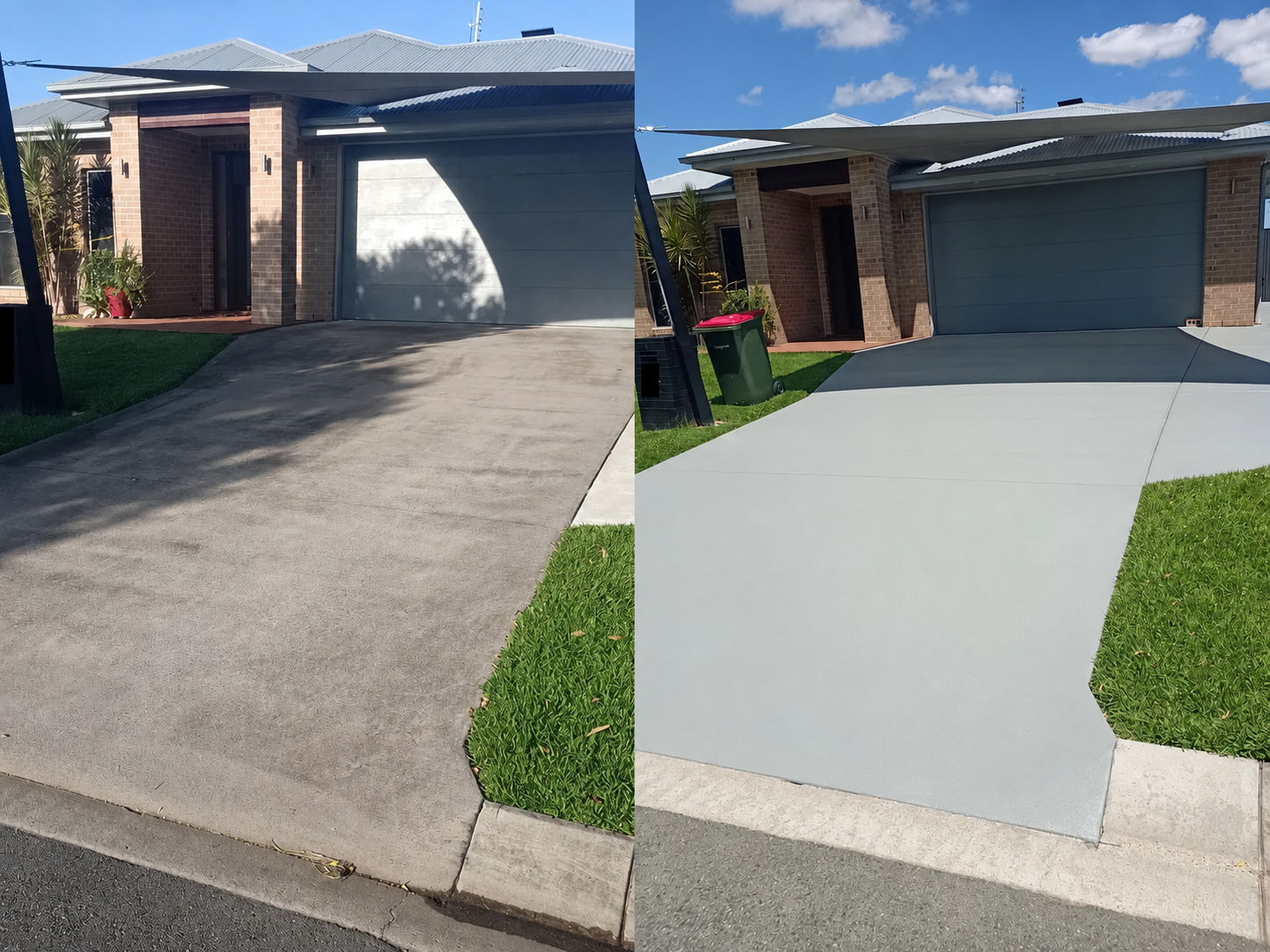 Side-by-side comparison of a house driveway before and after sealing. The left shows an weathered concrete surface, and the right shows a freshly sealed, lighter-colored concrete driveway.