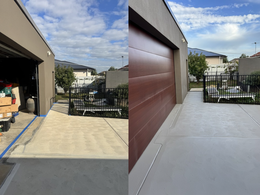 Side-by-side comparison of a garage area and backyard patio showing a transition from a concrete surface to a finished outdoor space with new siding and a fence.