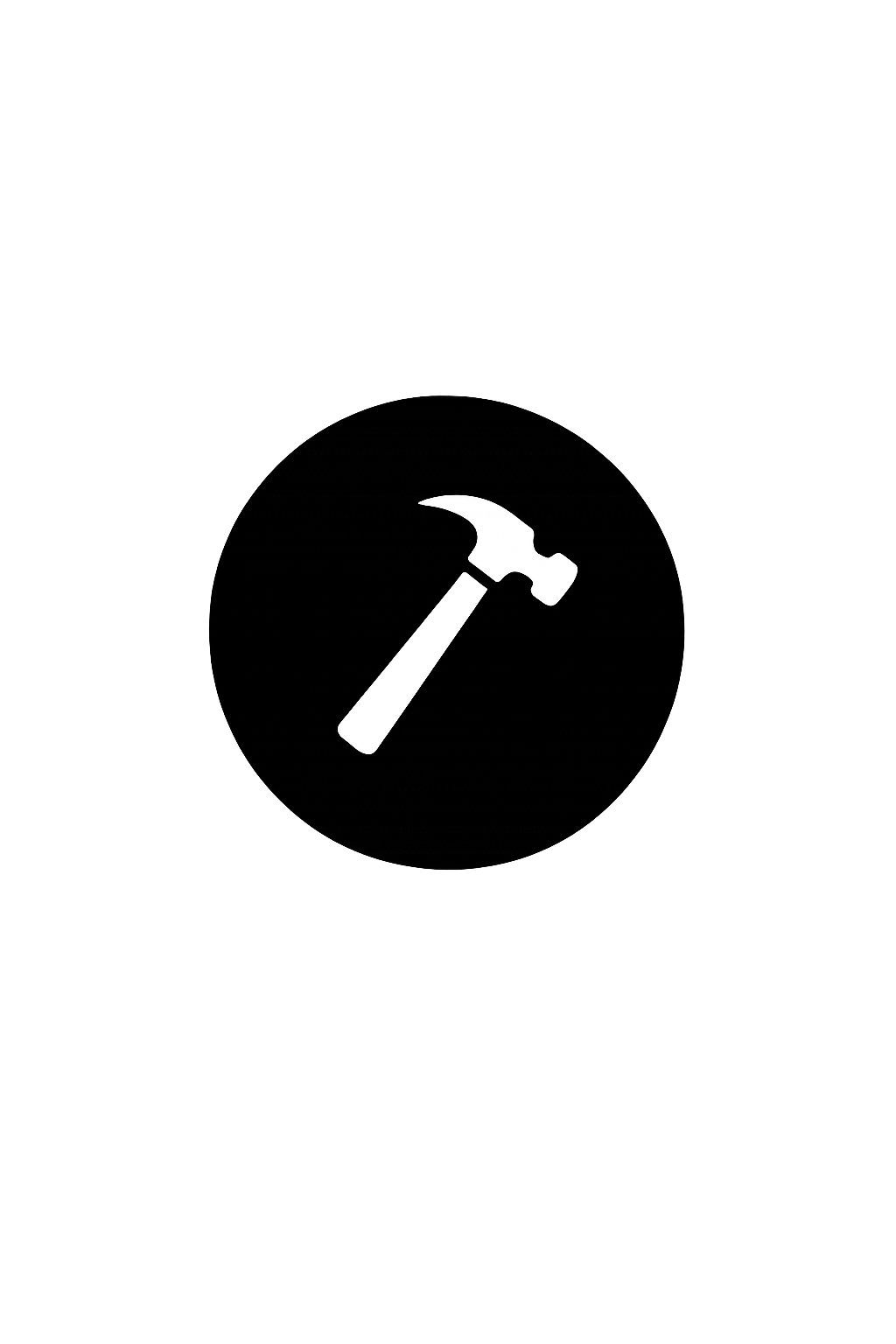Black background with a white hammer icon in the center.