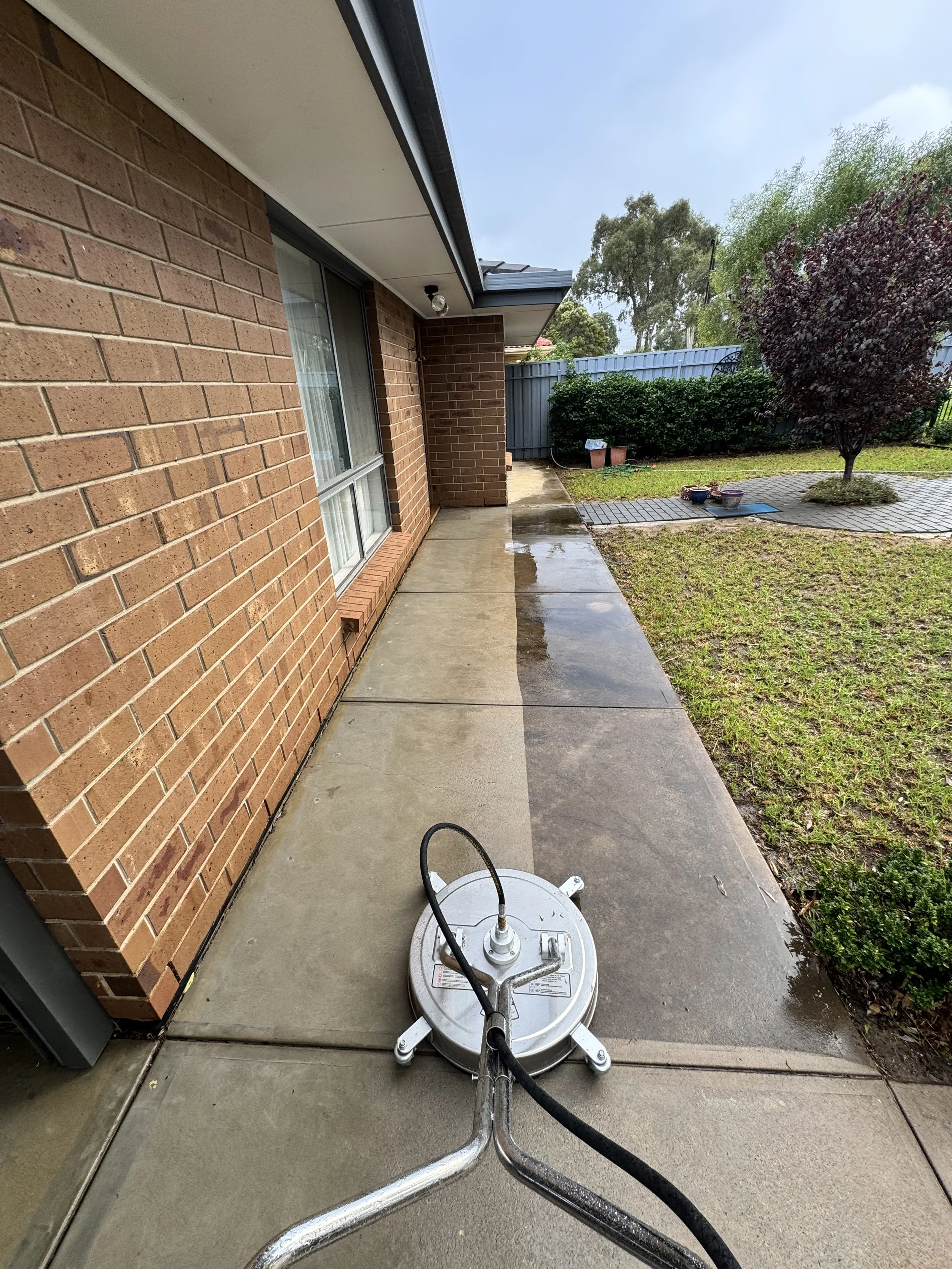 Pressure washer on a wet concrete porch outside a brick house with a sliding glass door, a garden with trees and plants, and a gray fence.