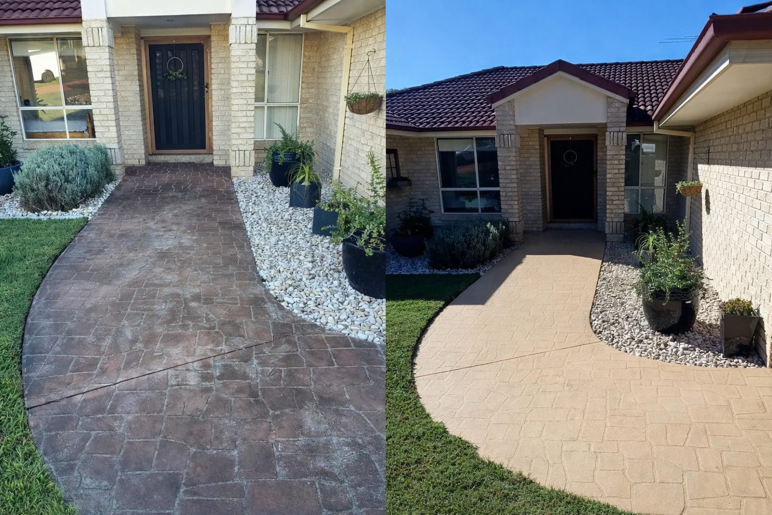 Side-by-side comparison of a house's front yard shows a before and after of the walkway and landscaping renovation. The left side features an older, weathered reddish-brown stamped concrete walkway with visible cracks, surrounded by green grass and white decorative stones with potted plants. The right side shows a newly paved light beige stamped concrete walkway with a smoother finish, complementing the same surrounding plants and landscaping.