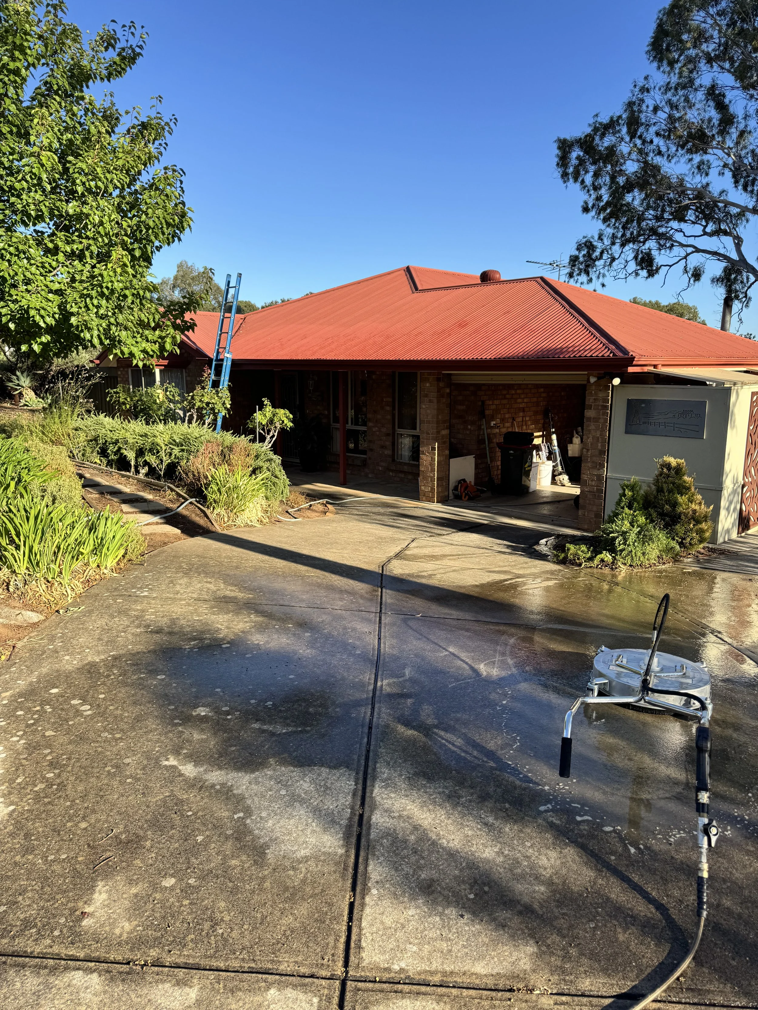 A house with a red metal roof, a lush garden with plants and trees, and a concrete driveway. There is also cleaning equipment, including a pressure washer, on the driveway, and a blue ladder leaning against the house.