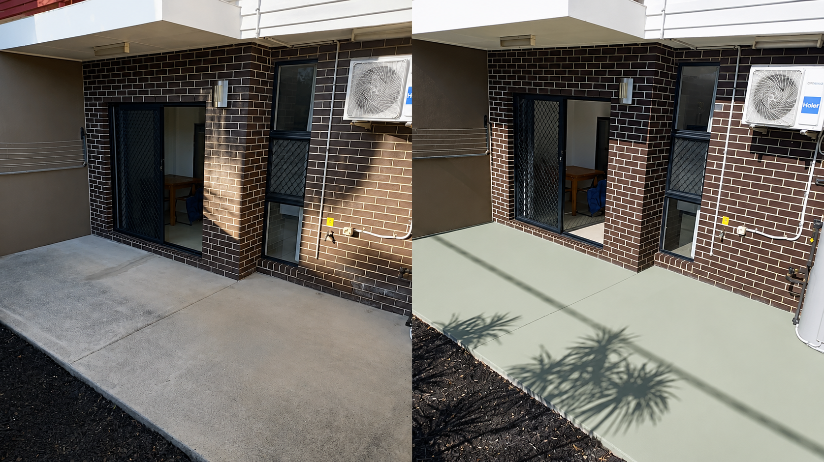 Comparison of two images of an apartment balcony. The left image shows an unfinished balcony with rough concrete floor and no decoration. The right image shows the same balcony with a smooth, painted concrete floor and some shadows of plants.