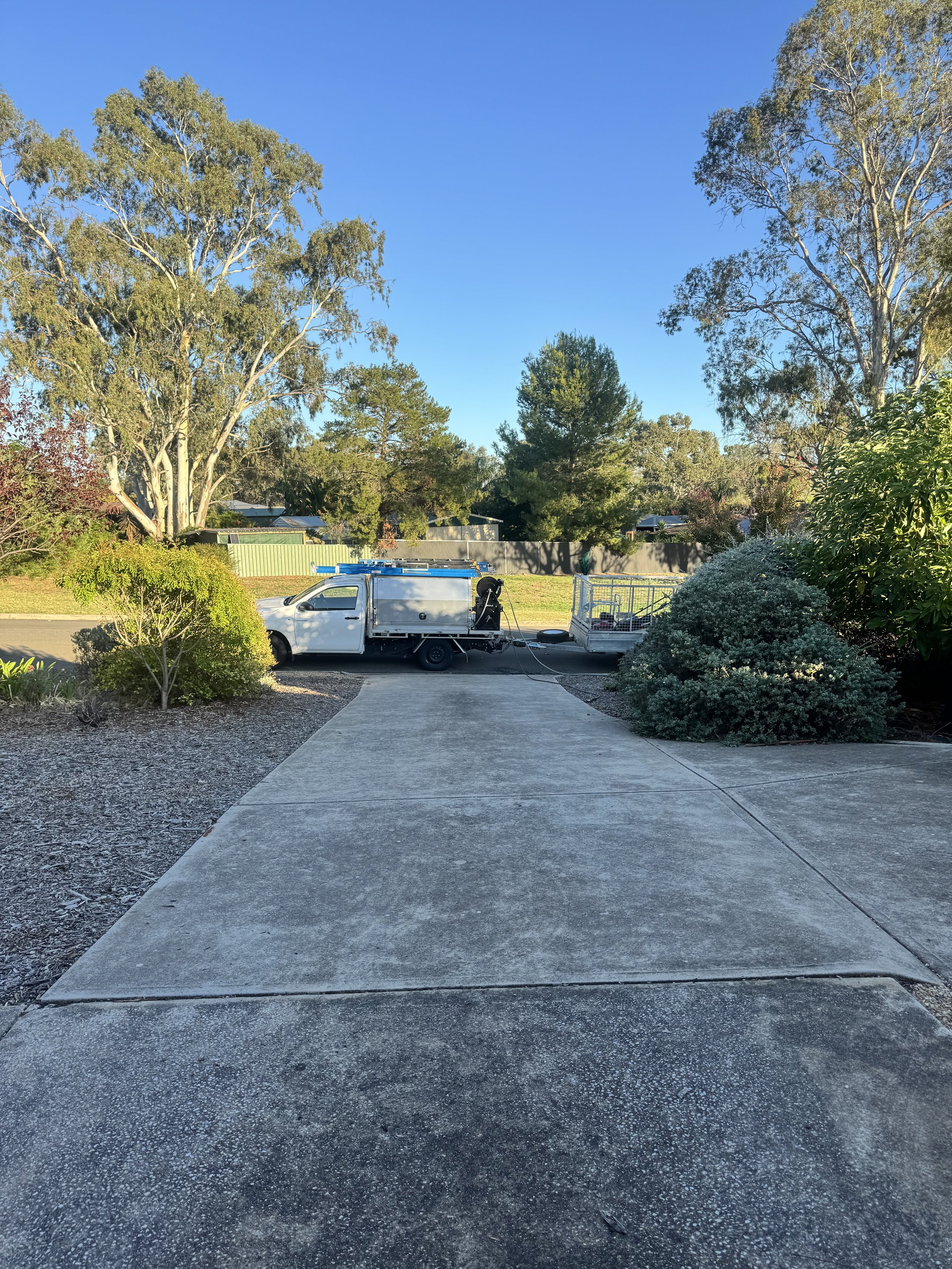 Residential driveway with a utility truck parked at the curb, surrounded by greenery including bushes and large trees under a clear blue sky.