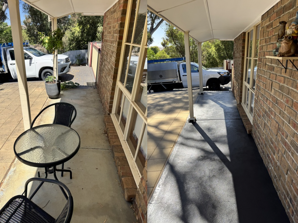 Comparison of two porch areas, one with a concrete surface and outdoor furniture, the other with a different paving and a truck parked nearby.