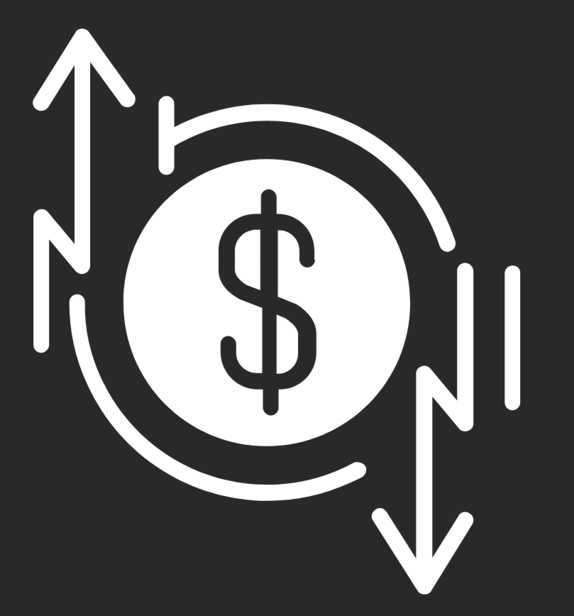 A black and white icon representing financial market fluctuation, with a dollar sign in the center, surrounded by arrows pointing up and down.