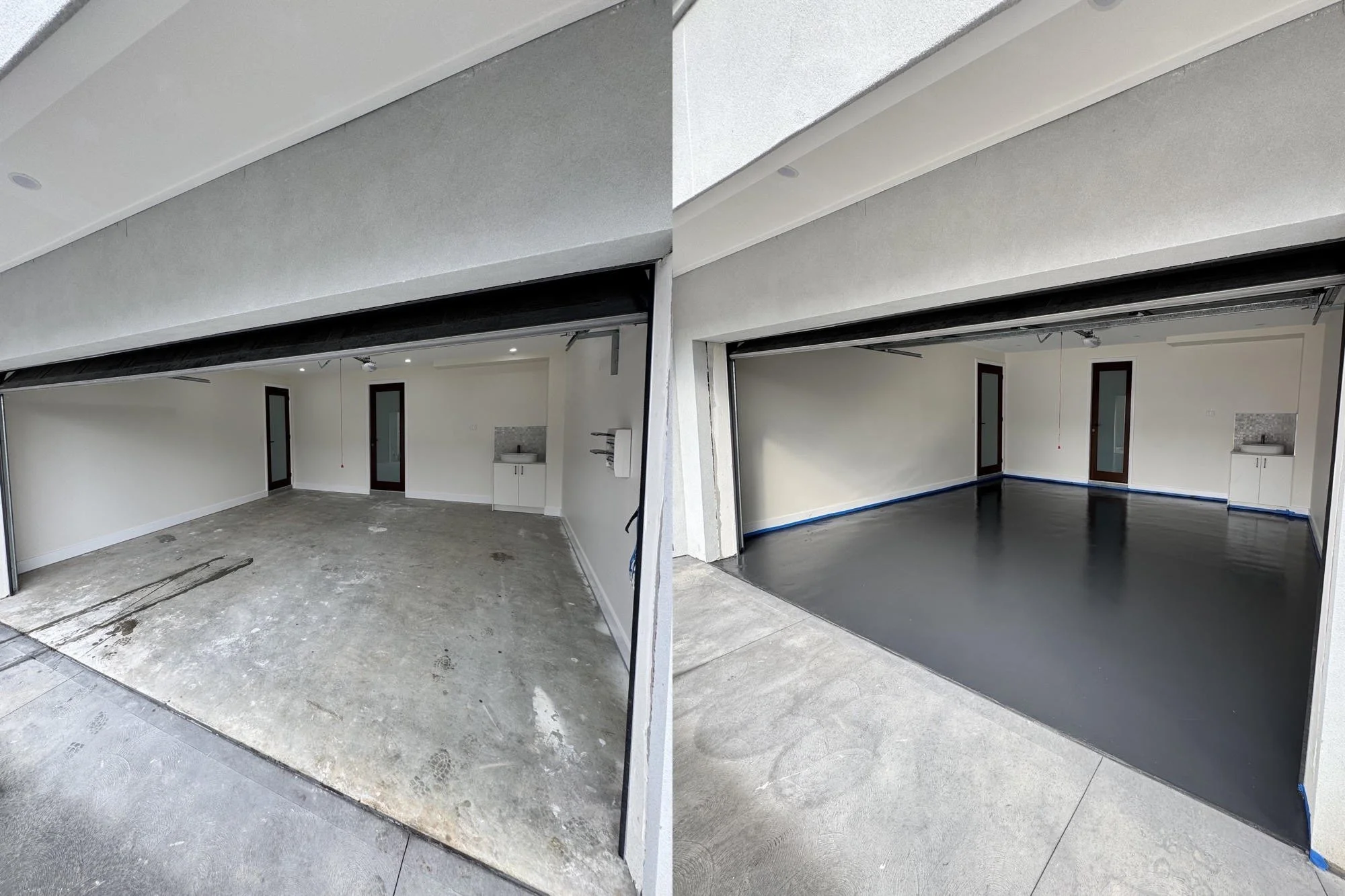 Comparison of a garage before and after finishing, showing the garage door open with an unfinished concrete floor in the left image and a finished, darkly stained floor with white walls in the right image.