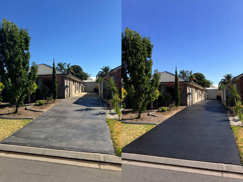 Side-by-side comparison of two residential driveways leading to houses in a suburban neighborhood with trees and clear blue sky.