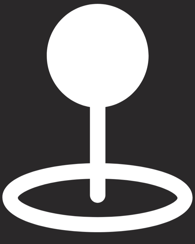 A white icon of a person with a round head, a straight vertical body, standing on a circular base, on a black background.