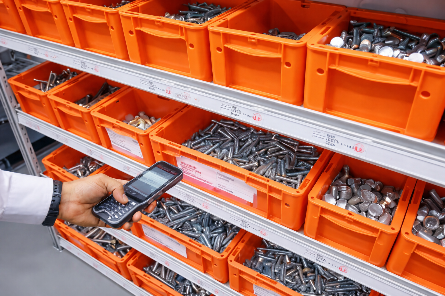 A person holding a calculator or barcode scanner in front of orange bins filled with various metal hardware, including screws and bolts, on store shelves.