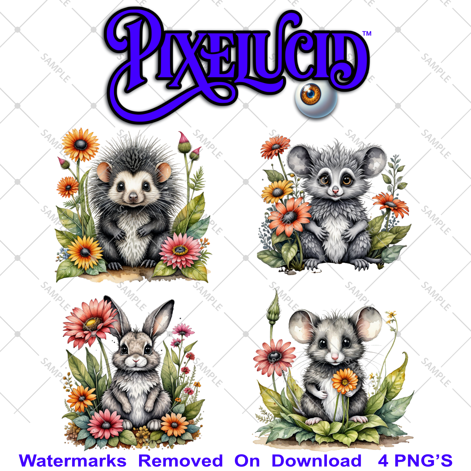 Cute Woodland Animals & Floral Watercolor PNG Bundle