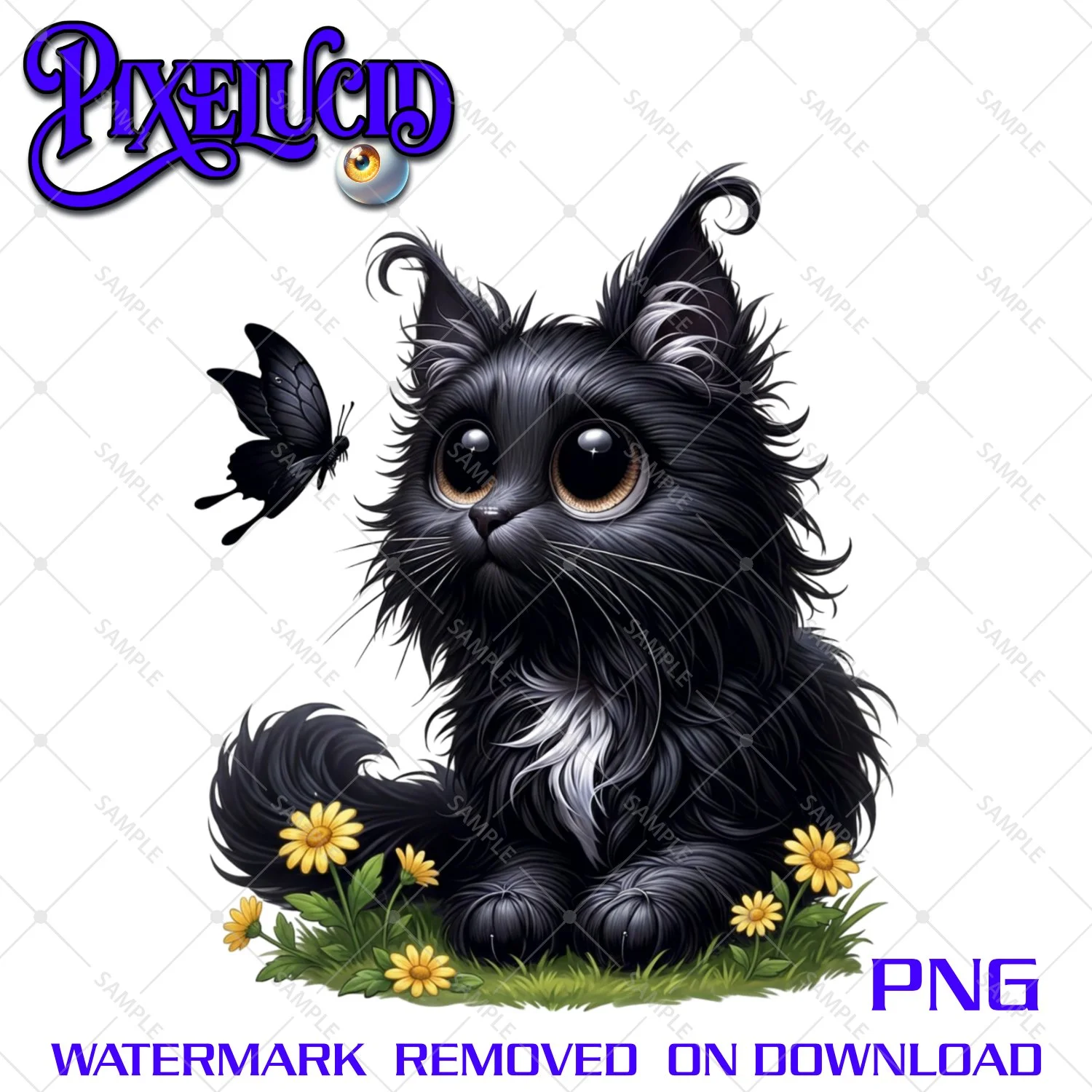Cute Black Cat Wall Art  |  Big Eyed Fluffy Kitten with Butterfly & Flowers
