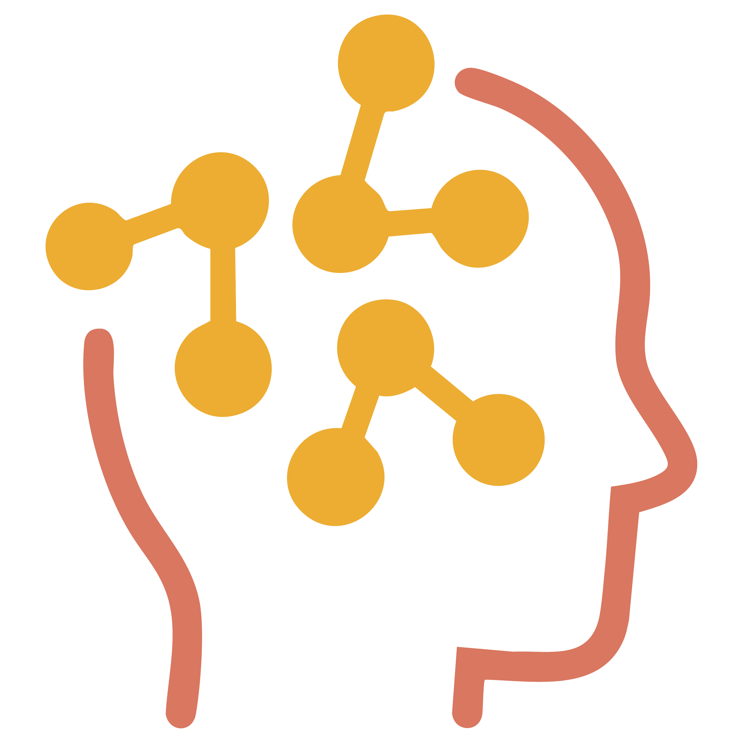 Diagram of a human head showing molecular structure inside it, with colored lines representing data or neural connections.