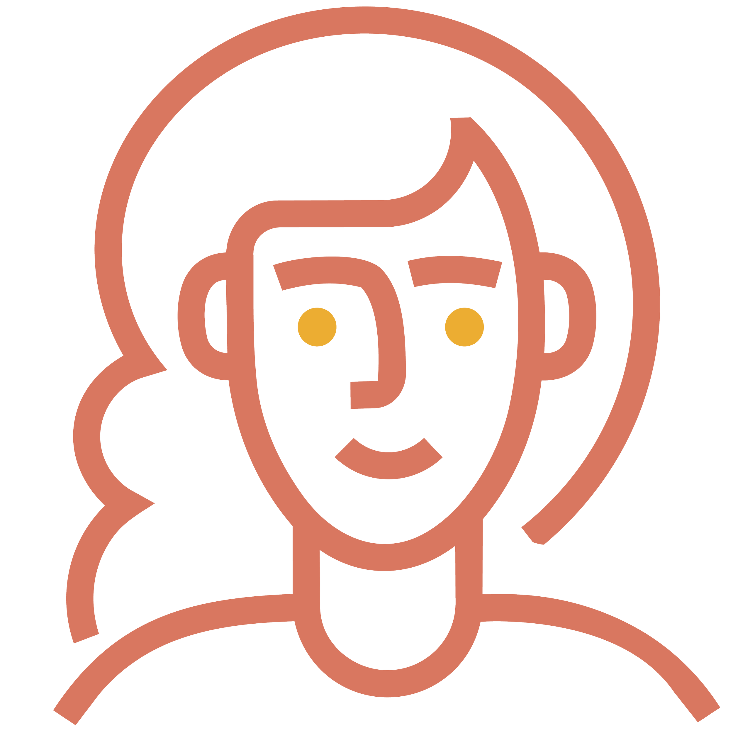 Stylized outline of a woman's head and shoulders with a bun, in brown line art, set within a circular design.