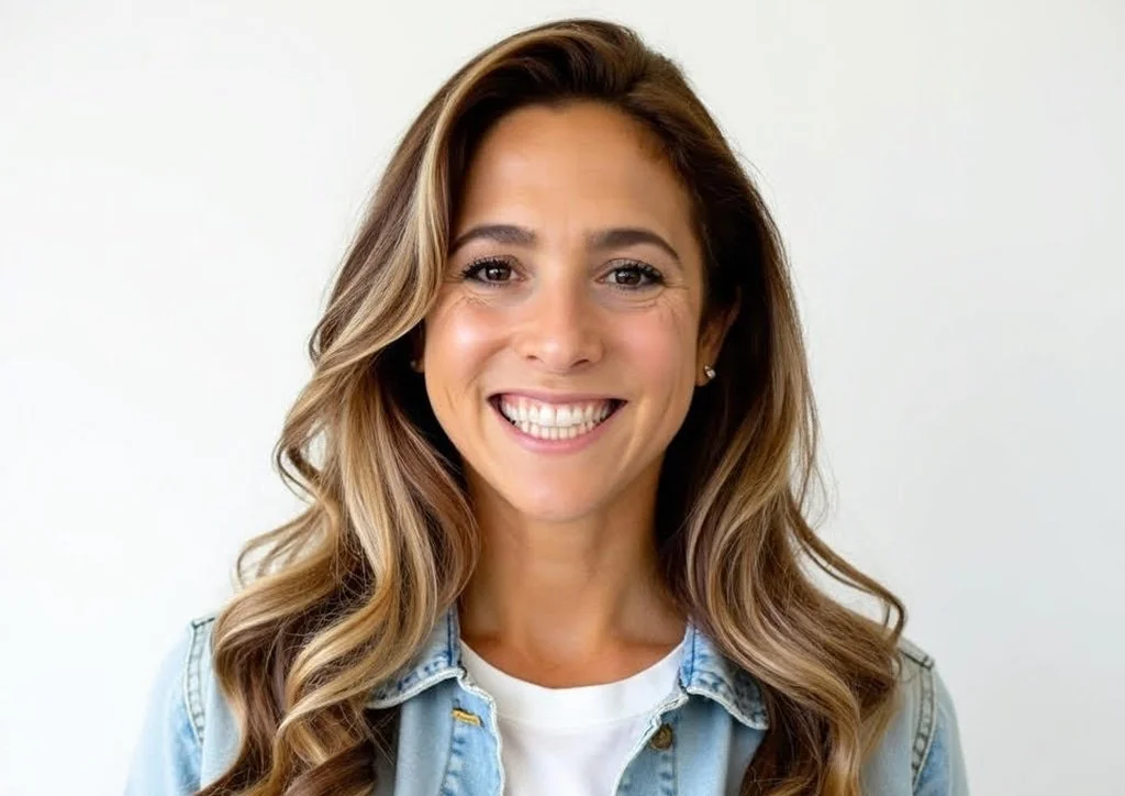 A smiling woman with long, wavy brown hair, wearing a light denim jacket over a white shirt, standing against a plain white background.
