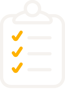A clipboard with three orange checkmarks in a vertical list, indicating completed tasks.