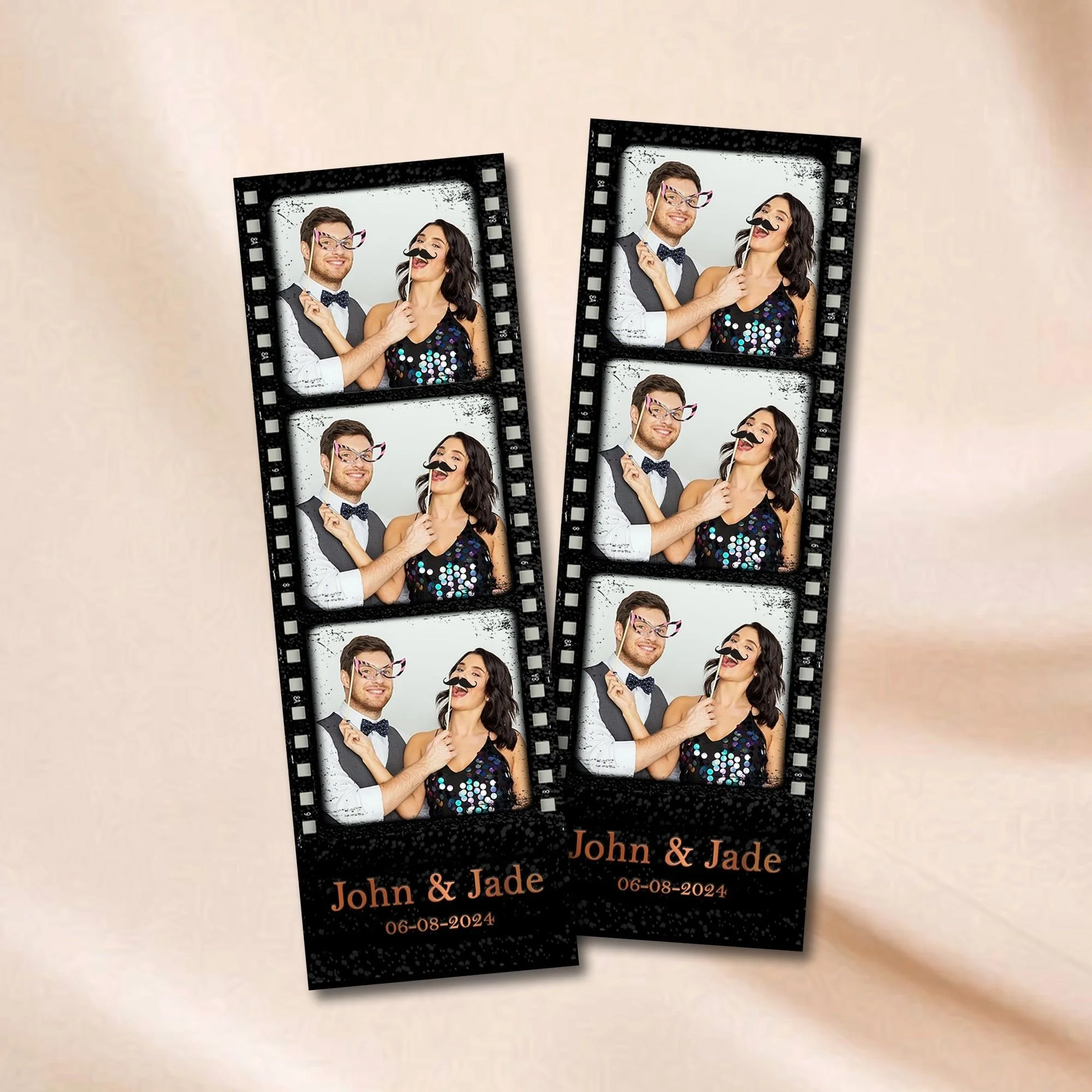 Photo booth strips featuring a couple wearing party props, with the names 'John & Jade' and the date '06-08-2024' at the bottom.