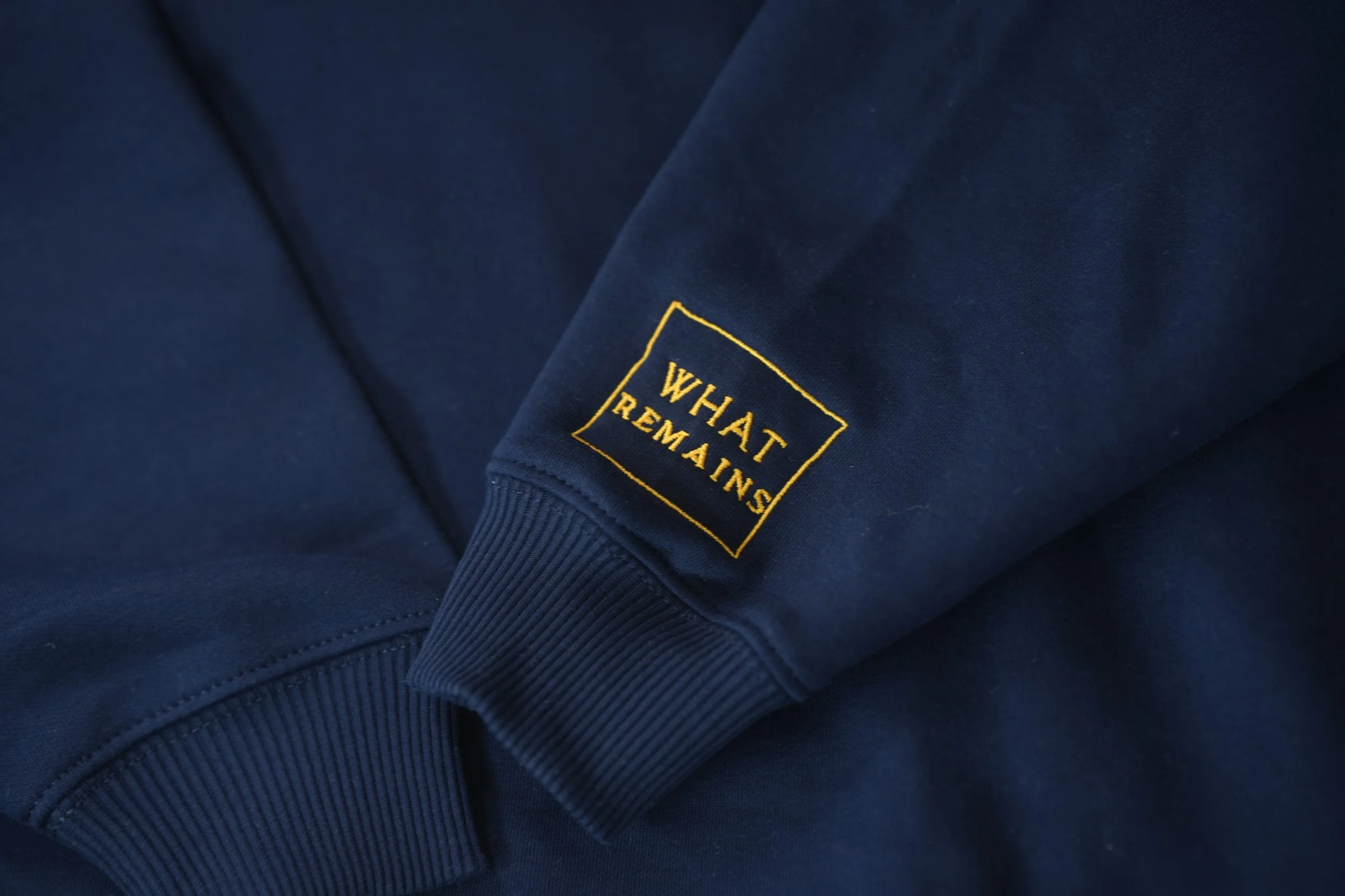 青色の衣服の袖に黄色い文字で「WHAT REMAINS」と書かれている